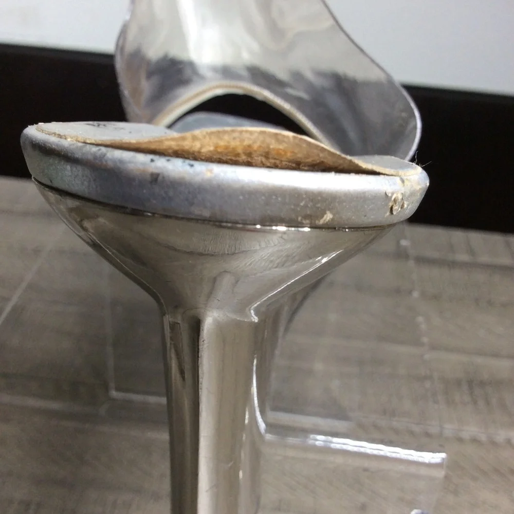 vintage Yves Saint Laurent silver and clear lucite mules with mirror finish